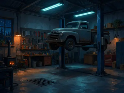 Illustration of a pickup truck on a lift in a small garage