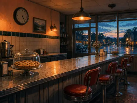 Illustration of a cozy retro diner counter with pie under glass